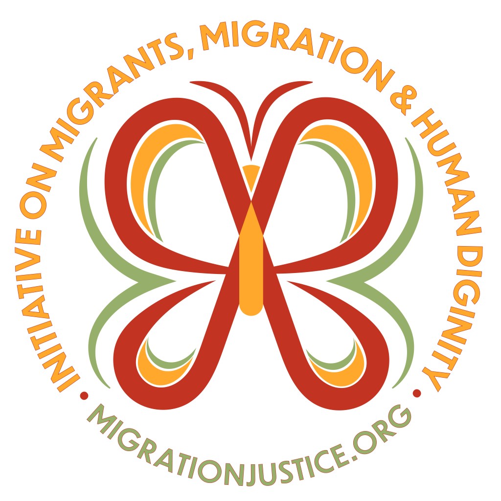 A vibrant orange, golden yellow and pastel green logo of a looped and minimalist butterfly icon with the text "Initiative on Migrants, Migration and Human Dignity" followed by "migration justice.org".