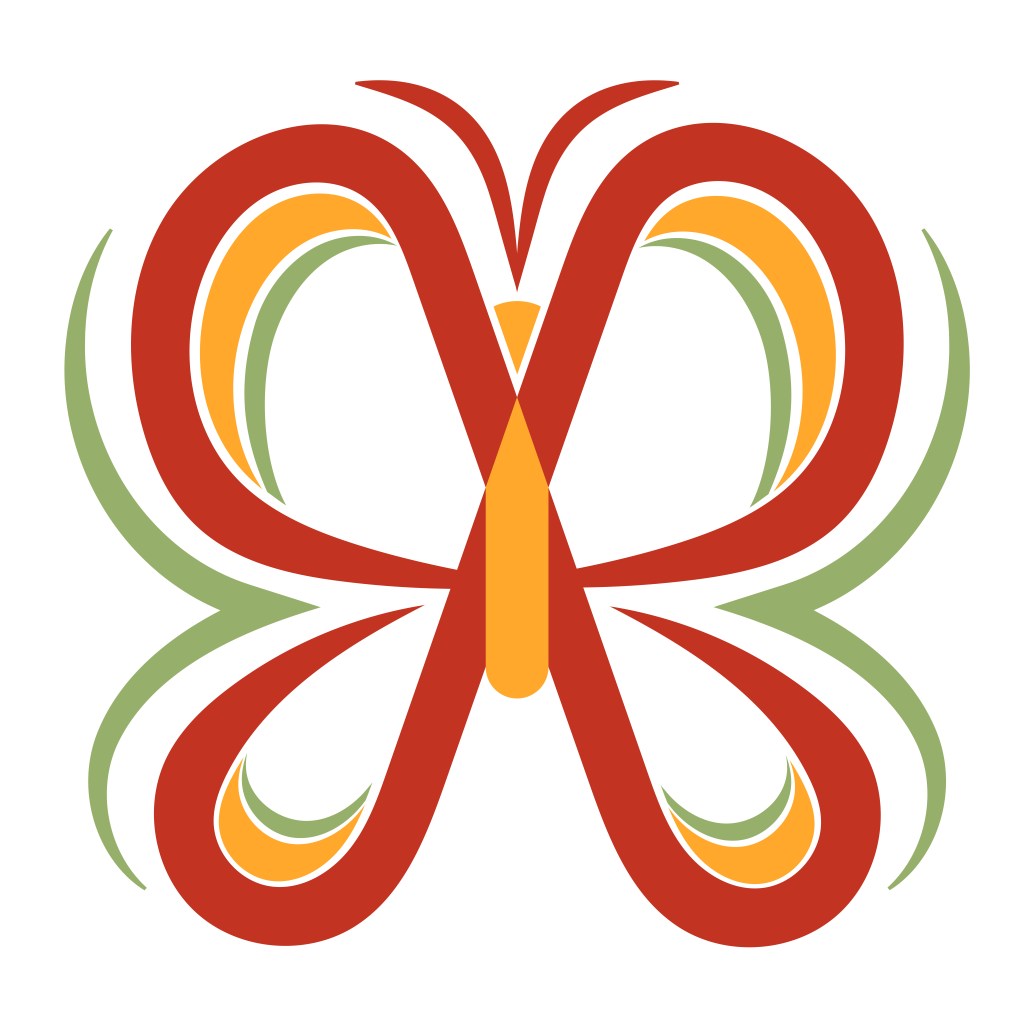 A vibrant orange, golden yellow and pastel green logo of a looped and minimalist butterfly icon of the logo of the Initiative on Migrants, Migration and Human Dignity.